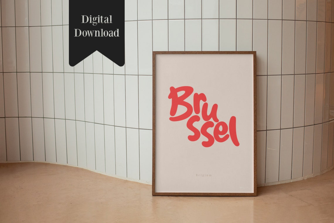 Brussel Red Script City Name Typography Belgium Art Wall Poster