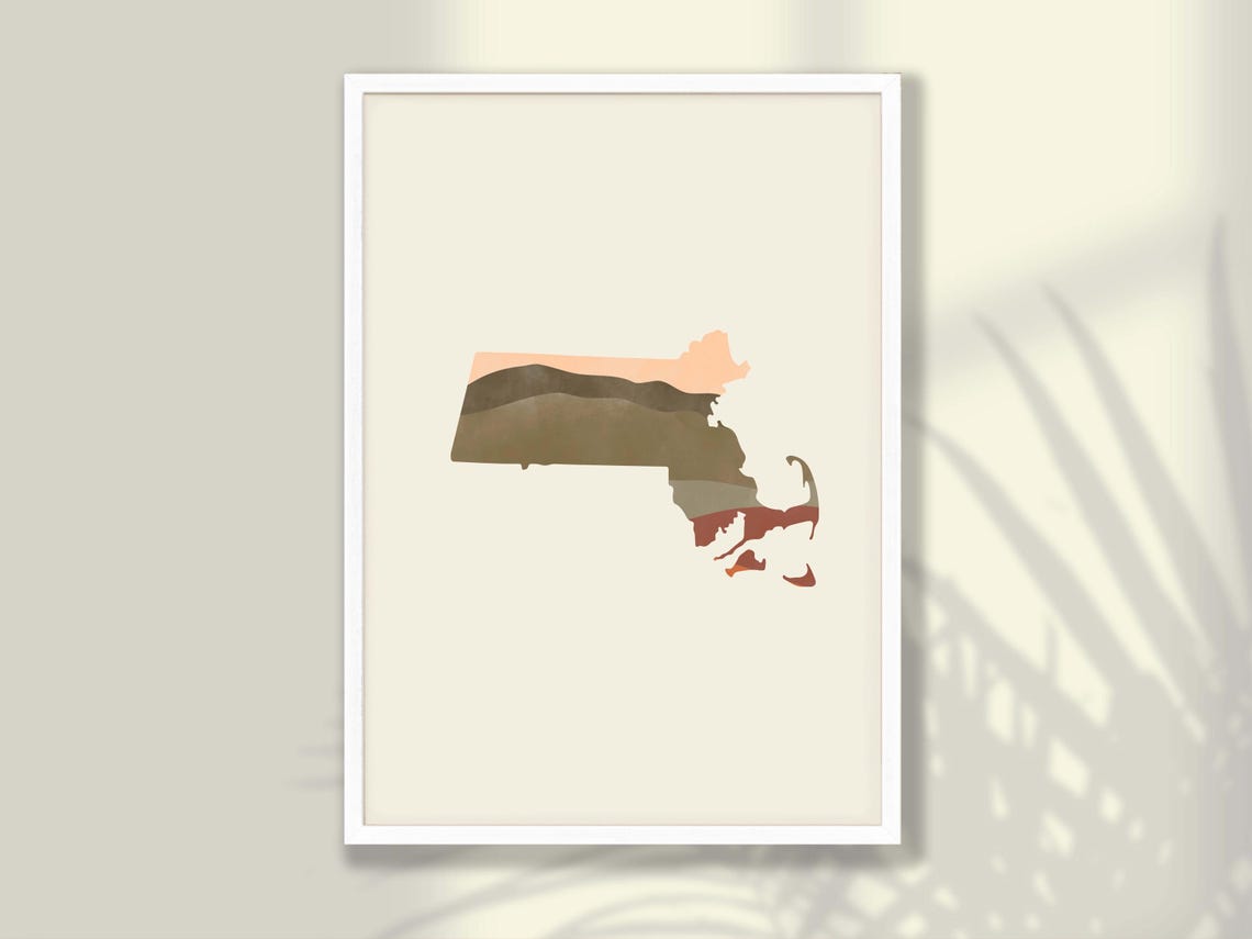 Massachusetts State Silhouette Boho Watercolor Landscape Map Poster