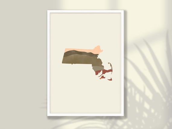 Massachusetts State Silhouette Boho Watercolor Landscape Map Poster
