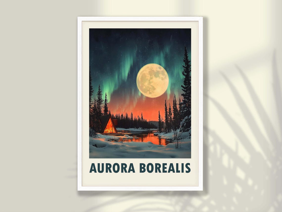 Aurora Borealis Full Moon Glow A Frame Cabin Snow Night Poster