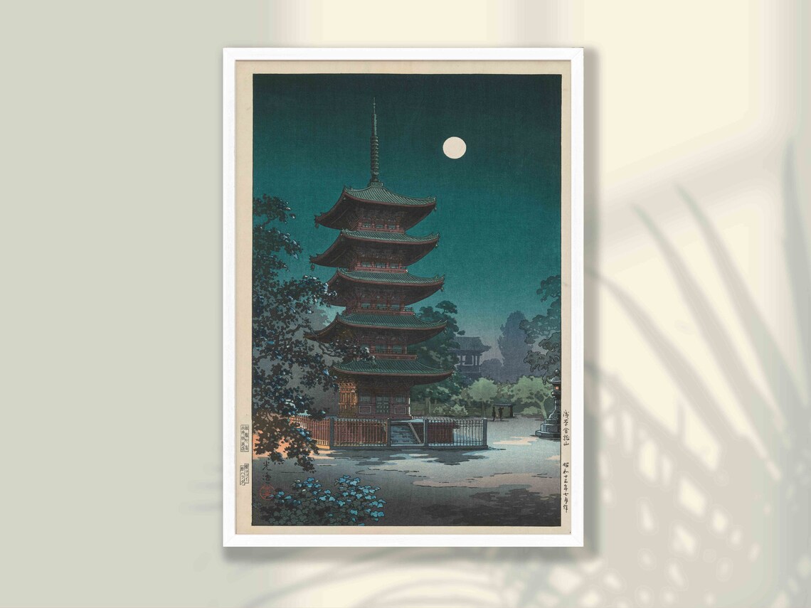 Japanese Pagoda Full Moon Night Vintage Woodblock Art Poster