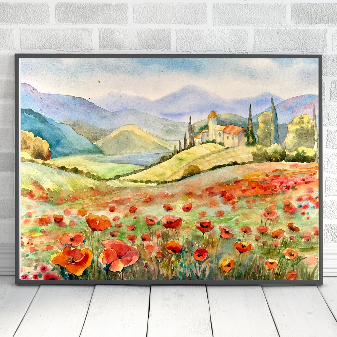 Poppies Field Original Watercolor Painting Floral Wall Art Wall Decor Poppy Meadow Landscape Flowery Countryside Art Landscape Painting