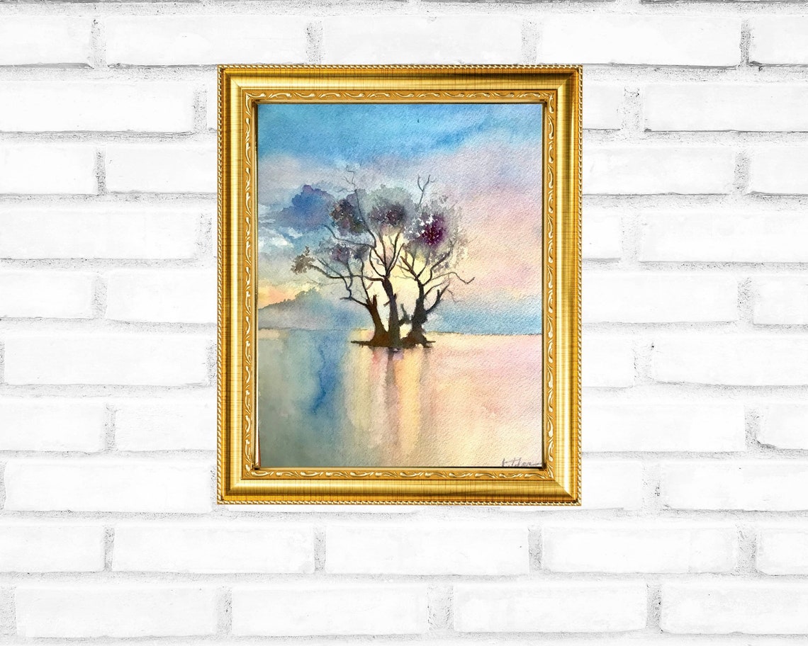 Lone Tree Reflected in Still Water at Sunset Watercolor Poster - Image 3