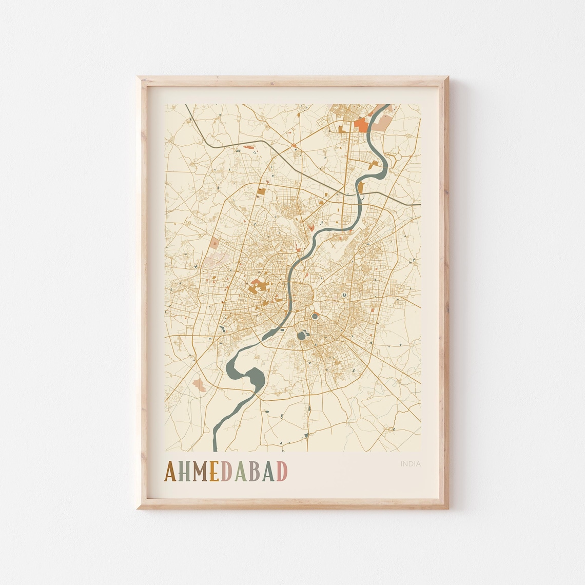 Ahmedabad India Vintage Street Map River Winding Travel Poster