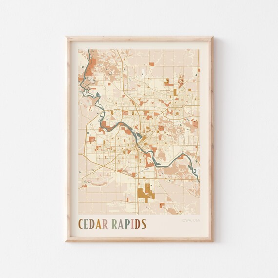 Cedar Rapids Iowa City Map Poster Earth Tone Boho Minimalist Map Wall Decor Gift