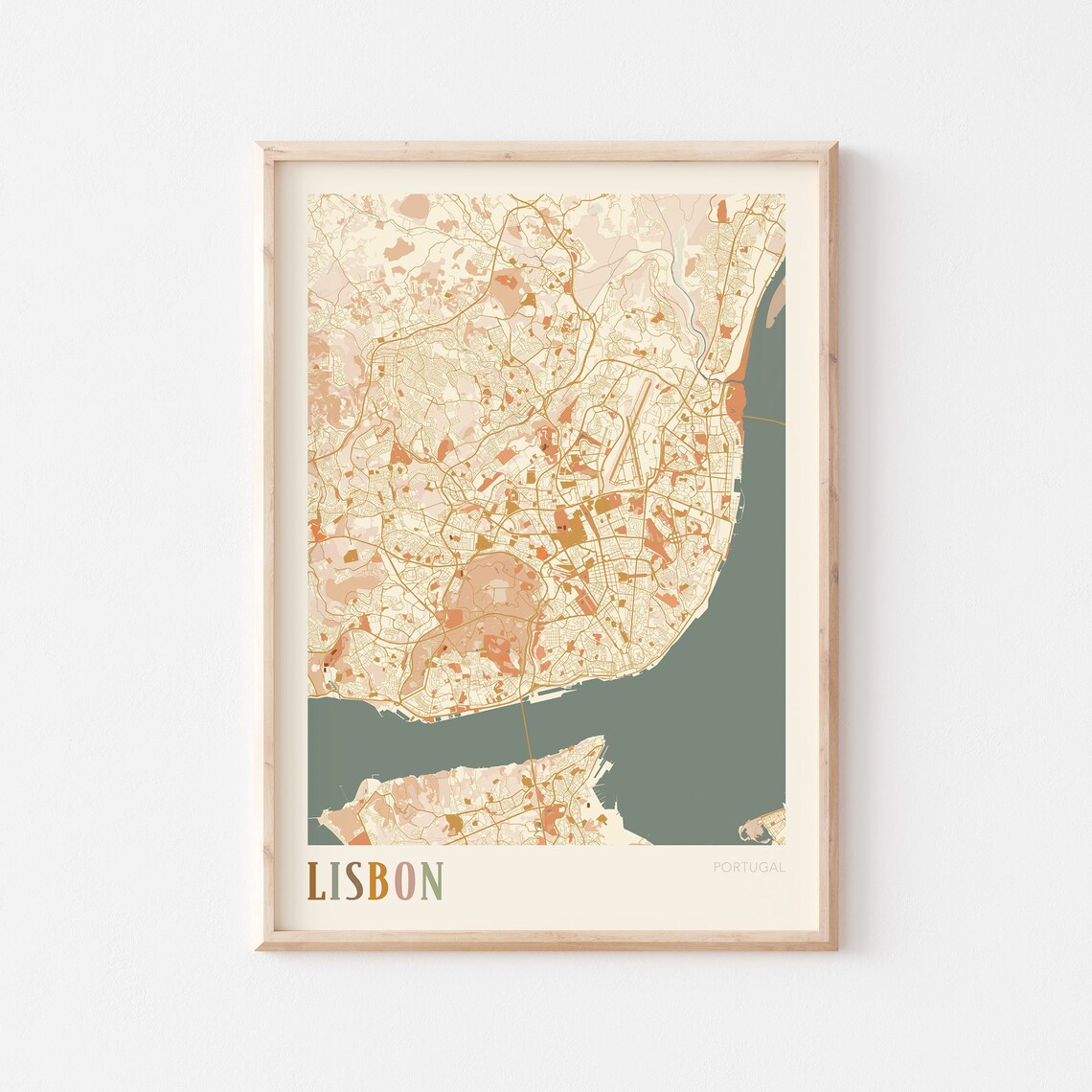 Lisbon Portugal Minimalist Street Map Poster in Boho Neutral Tones