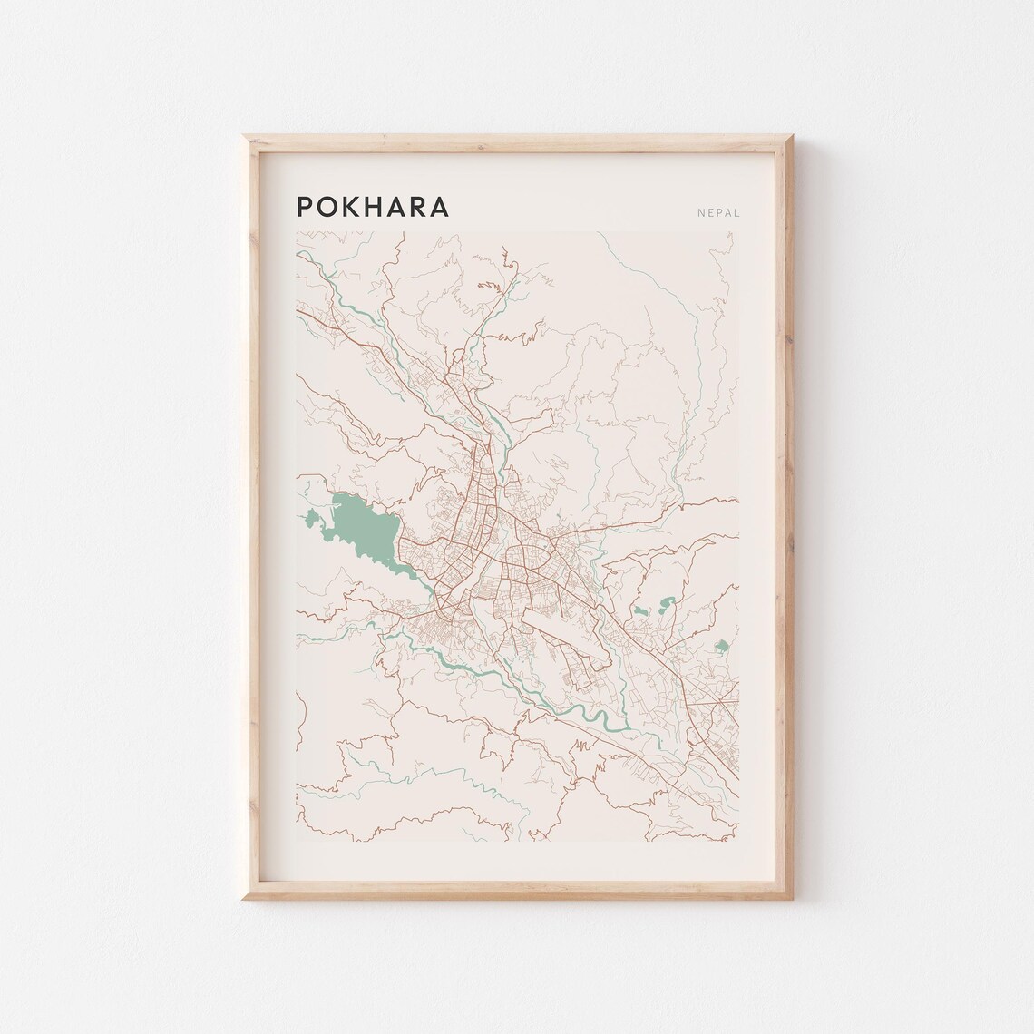 Pokhara Map Poster Print Wall Art Nepal Travel Gift Scandi