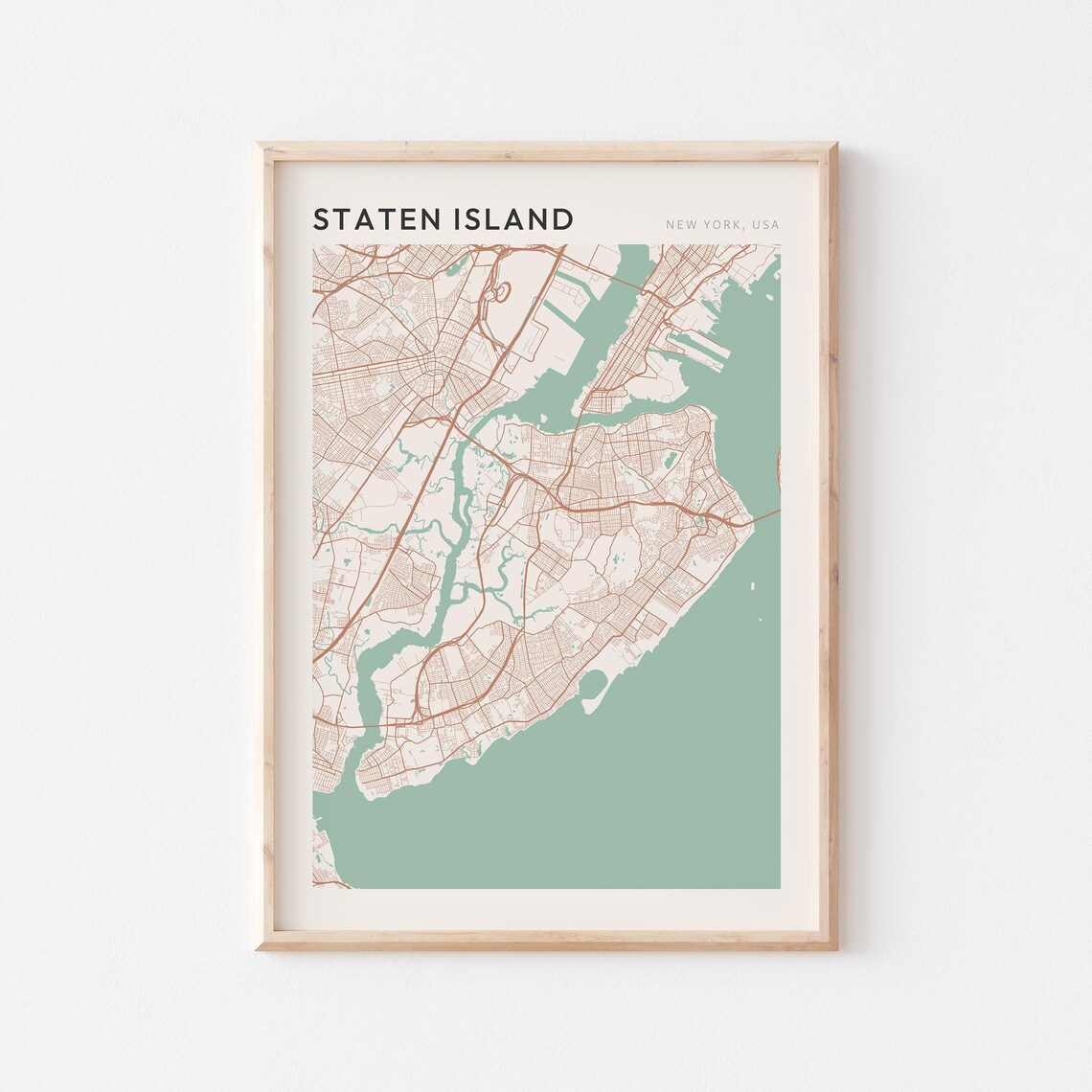Staten Island New York USA Modern Beige Minimal City Street Map Poster
