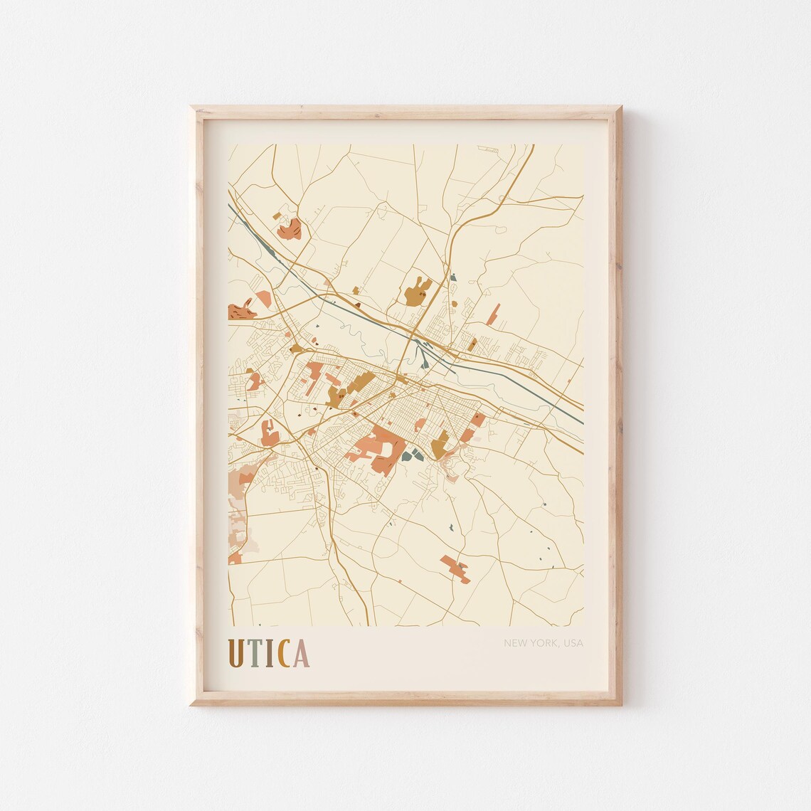 Utica New York USA Warm Vintage Beige City Street Map Art Poster