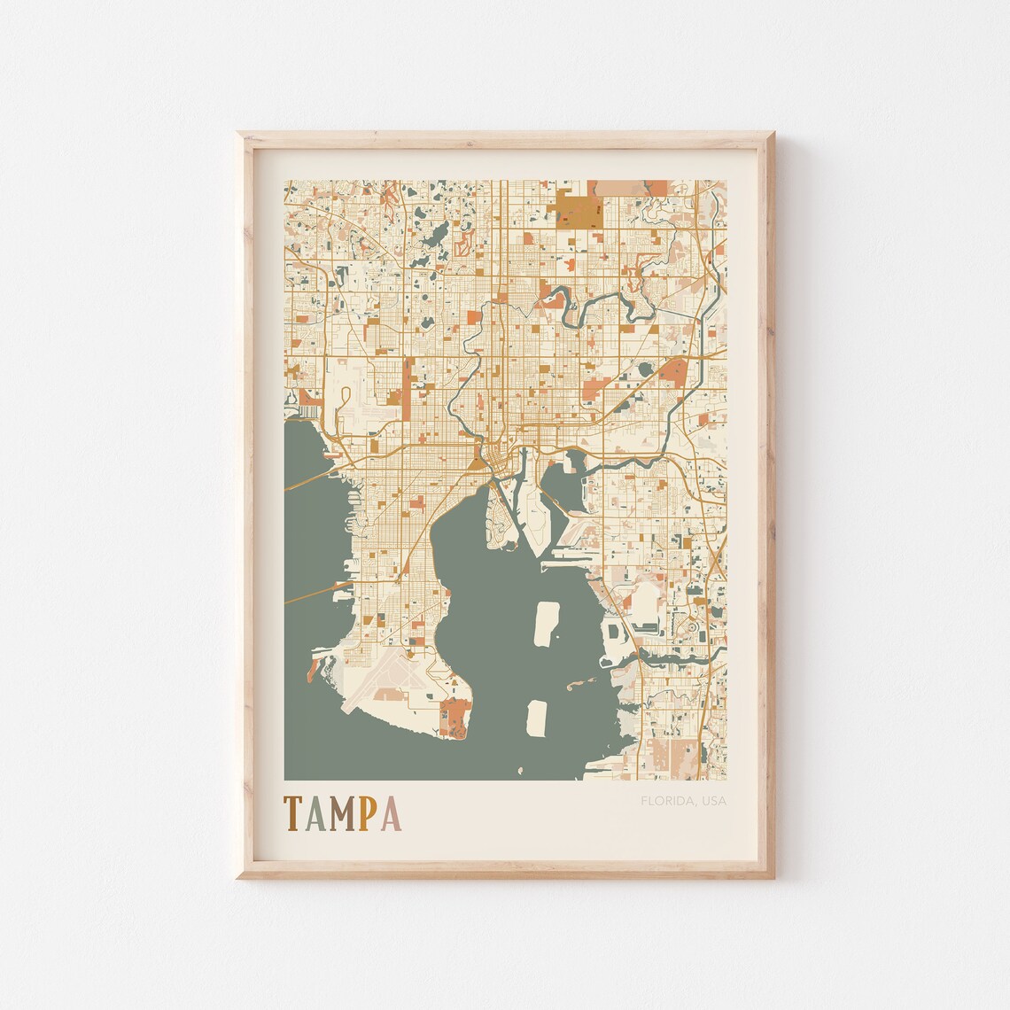 Tampa Florida City Map Poster Warm Retro Street Map Home Decor