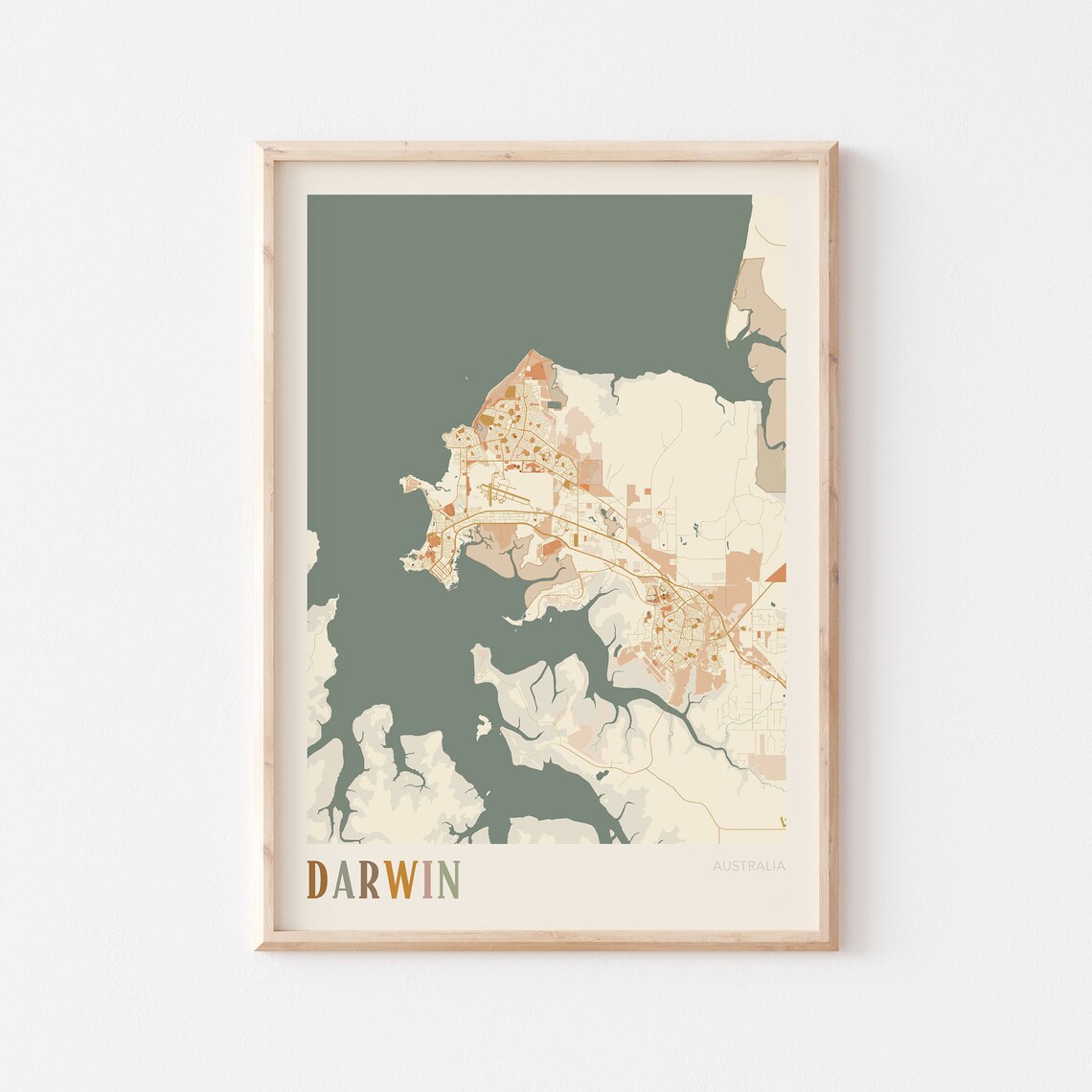 Darwin Australia Retro City Map Poster with Tropical Harbour