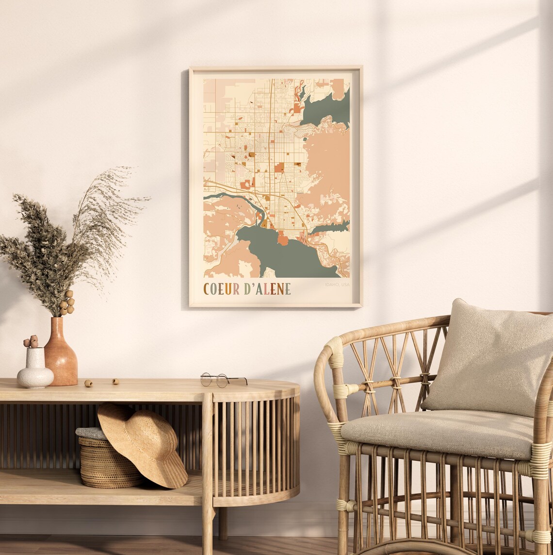 Coeur D'Alene Idaho Colorful Retro Coastal City Map Poster Boho Wall Decor - Image 2