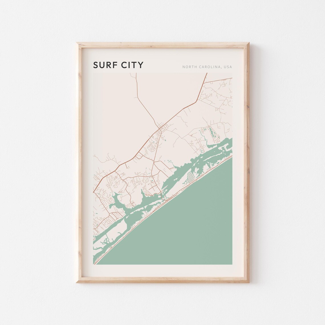 Surf City Map Poster Surf City Print Surf City Poster Surf City Wall Art North Carolina Travel Gift Farmhouse Decor