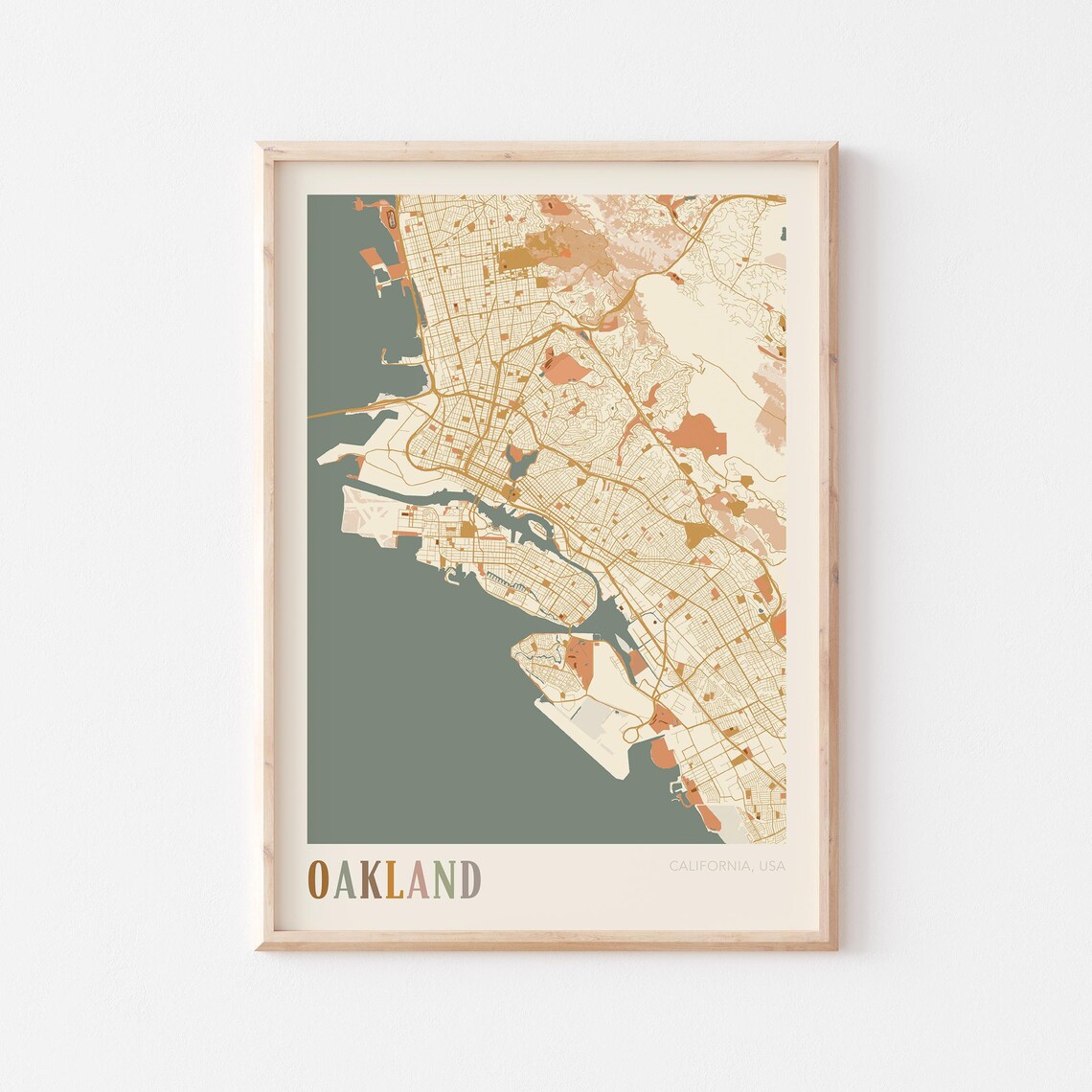 Oakland California Warm Earth Tone City Street Map Art Decor Poster