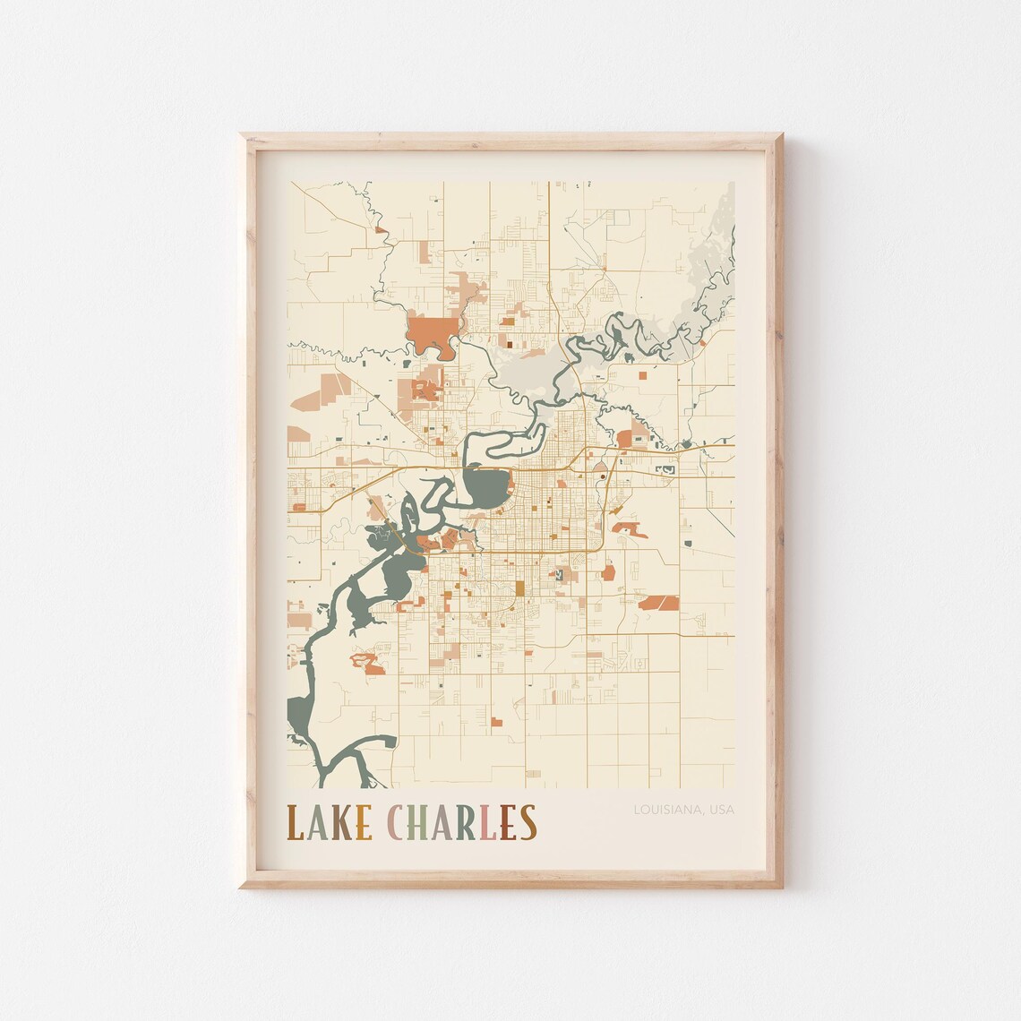 Lake Charles Louisiana Modern Terracotta City Street Map Art Poster