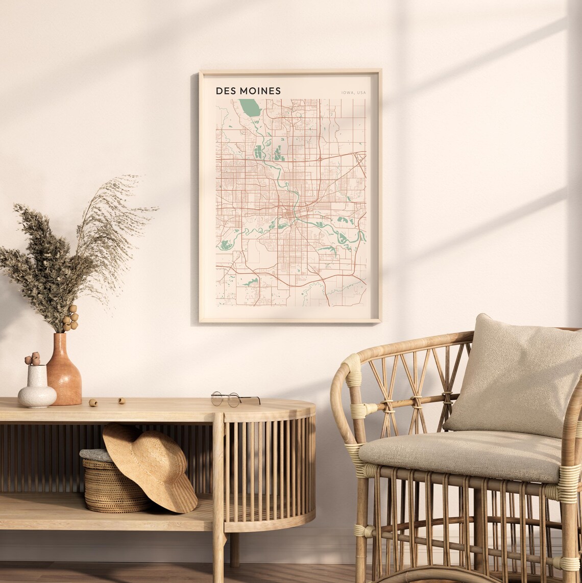 Des Moines Iowa City Map Poster Minimalist Line Art Modern Wall Decor Gift - Image 2