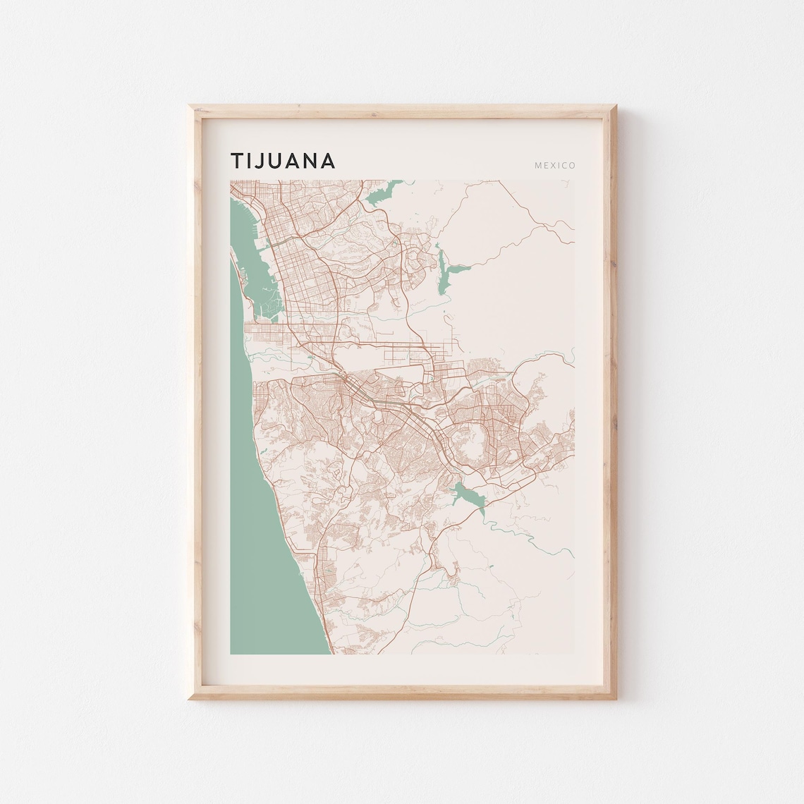 Tijuana Mexico City Street Map Poster in Beige Minimalist Modern Style
