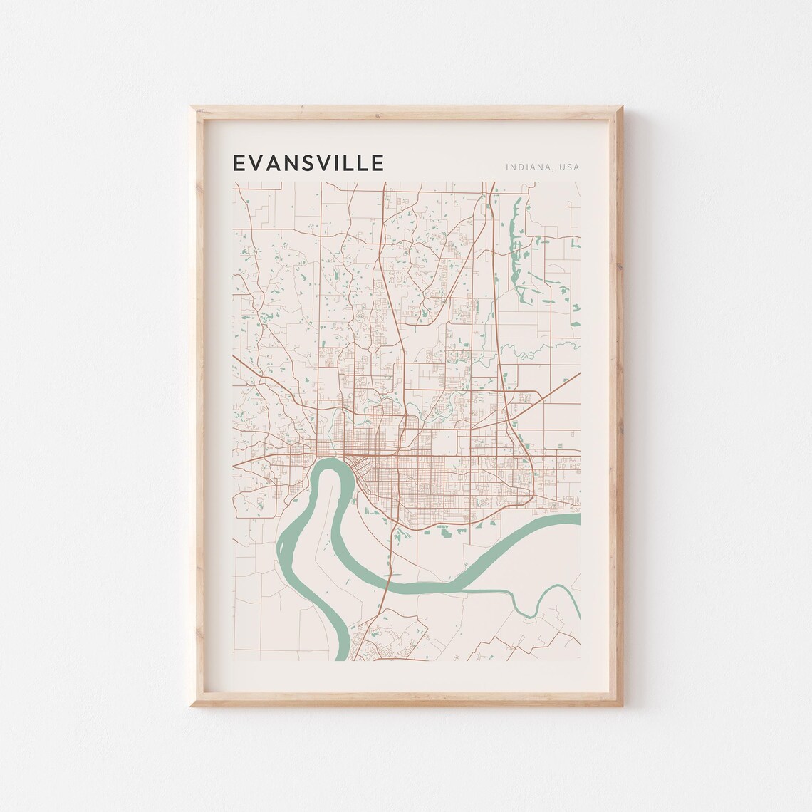 Evansville Indiana Minimalist Terracotta Street Line Map Poster