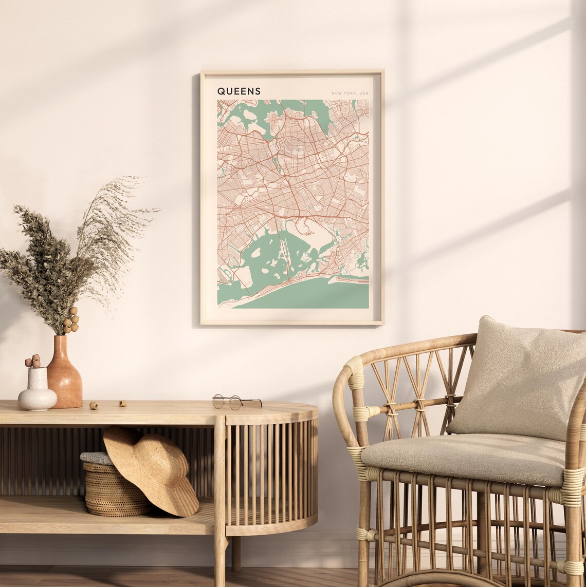 Queens New York USA Modern Beige Minimal City Street Map Poster - Image 2