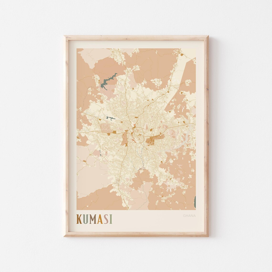 Kumasi Ghana Boho Peach City Map Poster Vintage Style Travel Decor