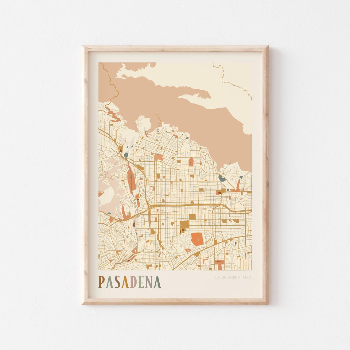 Pasadena California Warm Earth Tone City Street Map Art Decor Poster