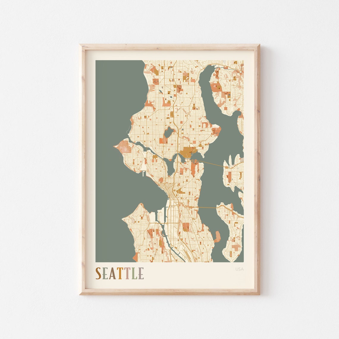 Seattle USA Minimalist Street Map Poster in Boho Neutral Tones