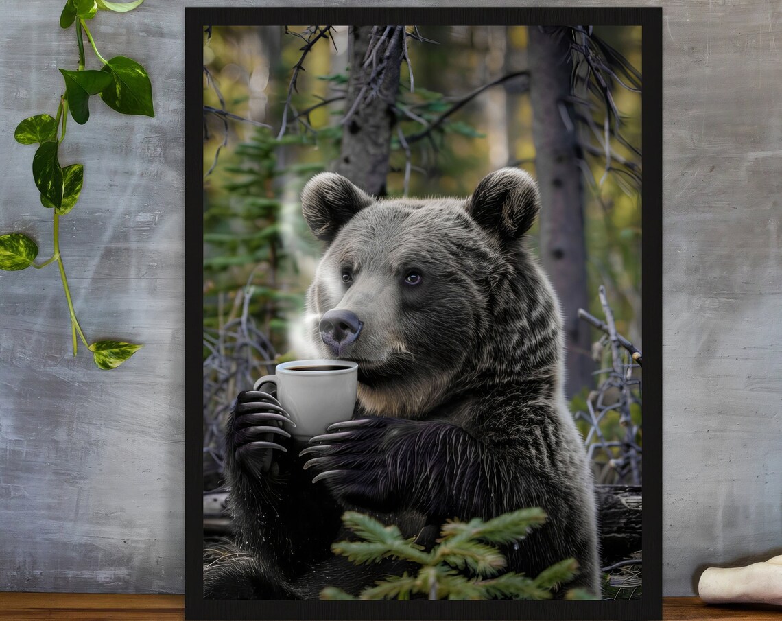 Bear Drinking Coffee Poster, Funny Forest Nature Art