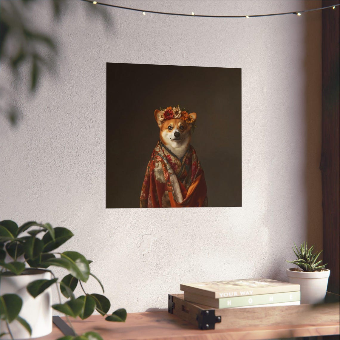 Happy Corgi Orange Kimono Flower Crown Dog Portrait Wall Art