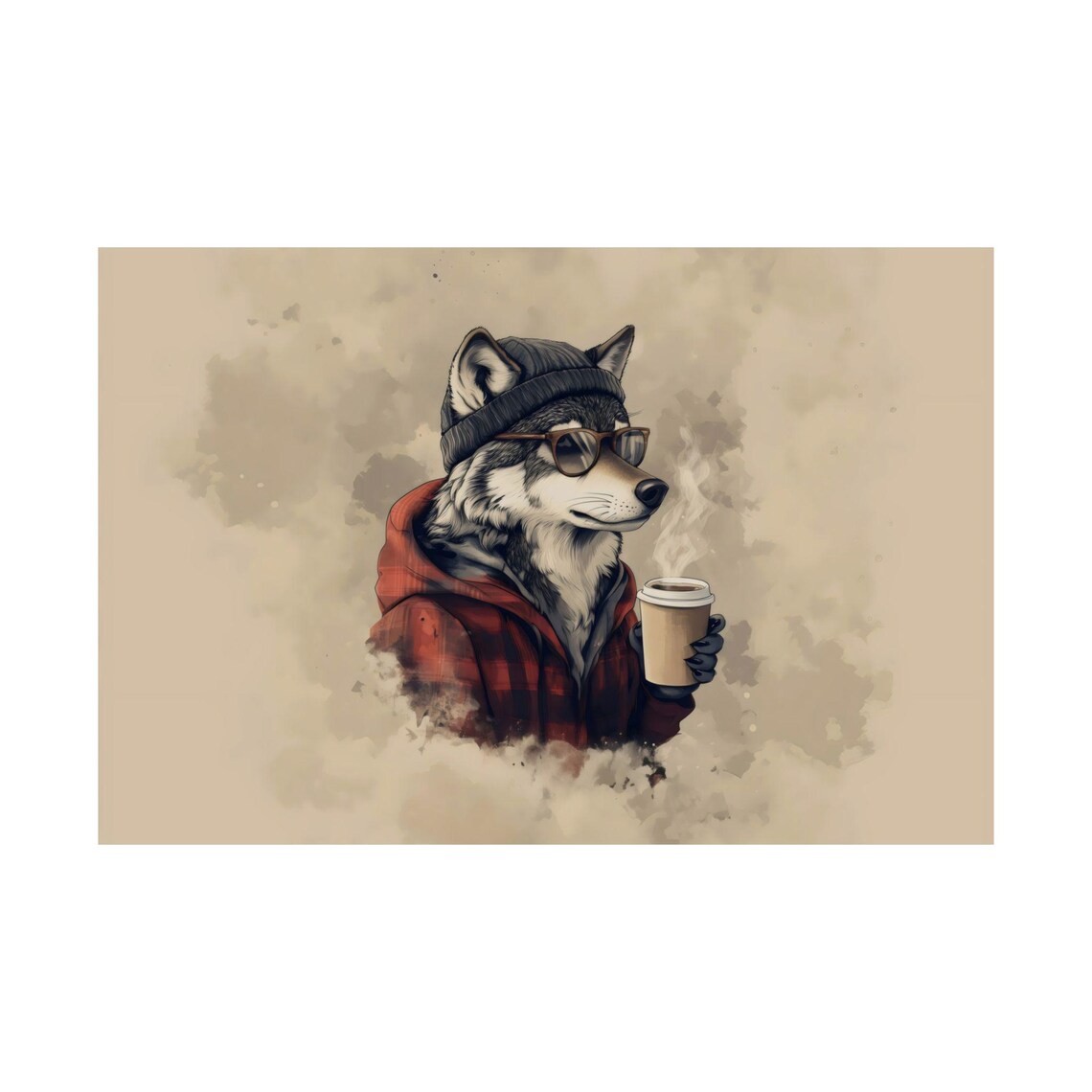 Cool Wolf Wearing a Beanie and Plaid Hoodie Drinking Coffee Funny Poster - Image 2