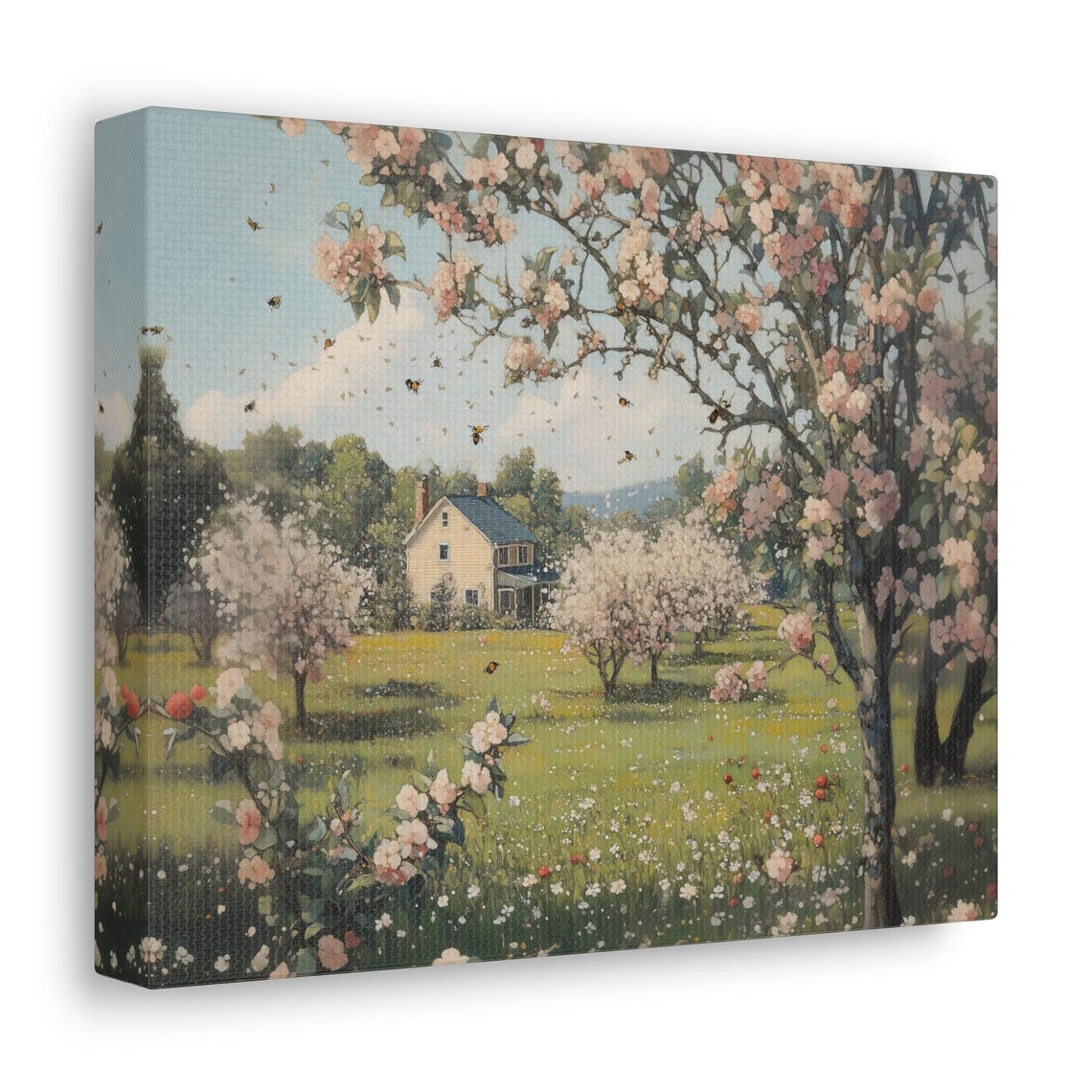 Spring Orchard Pink Blossom Bees Buzzing Country Farmhouse Print - Image 2