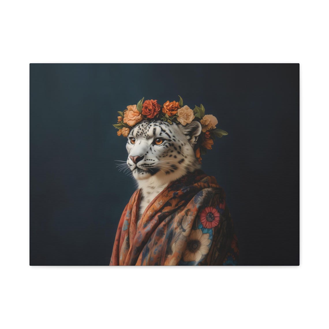 Snow Leopard Orange Rose Crown Floral Kimono Regal Animal Poster - Image 3