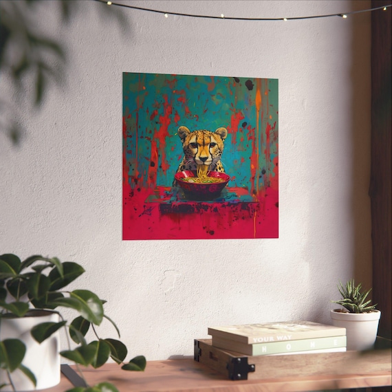 Spotted Cheetah Slurping Noodle Bowl Electric Street Art Style Cat Poster