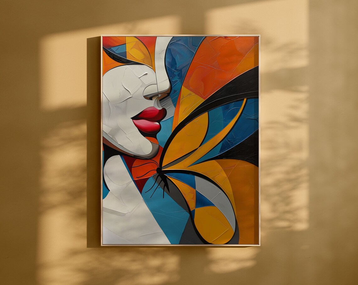 Abstract Woman Butterfly Portrait Vibrant Orange Blue Art Poster