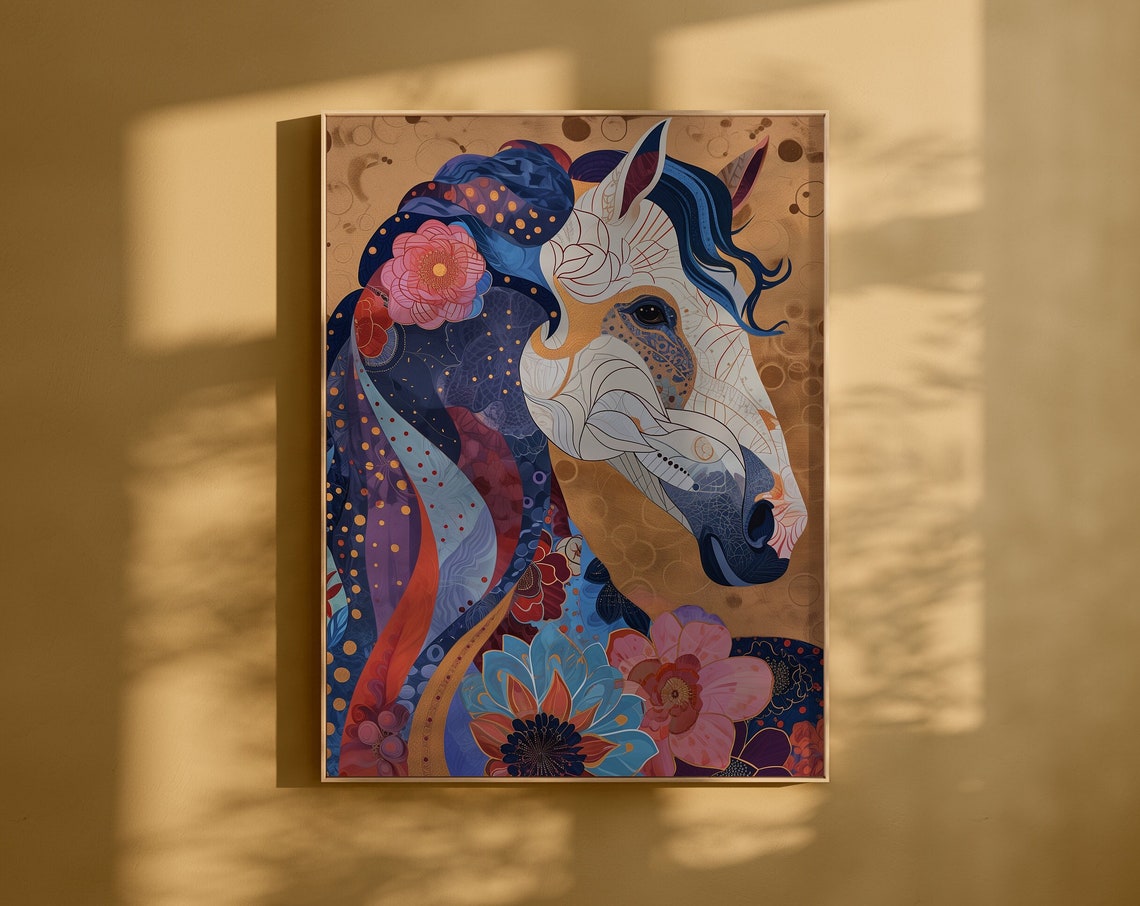 Floral Pattern Horse Head on Golden Background Equine Poster