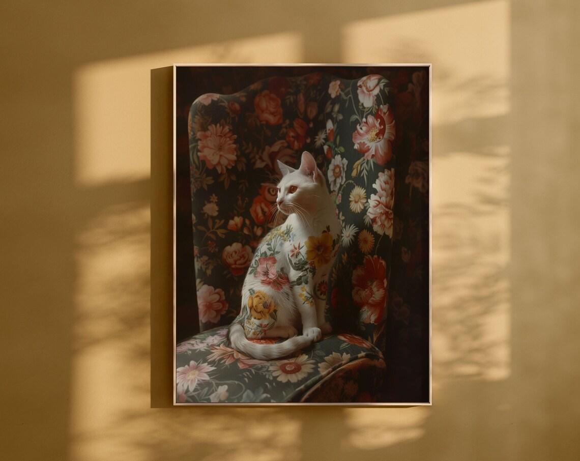 Floral White Cat on Vintage Chair Botanical Double Exposure Poster