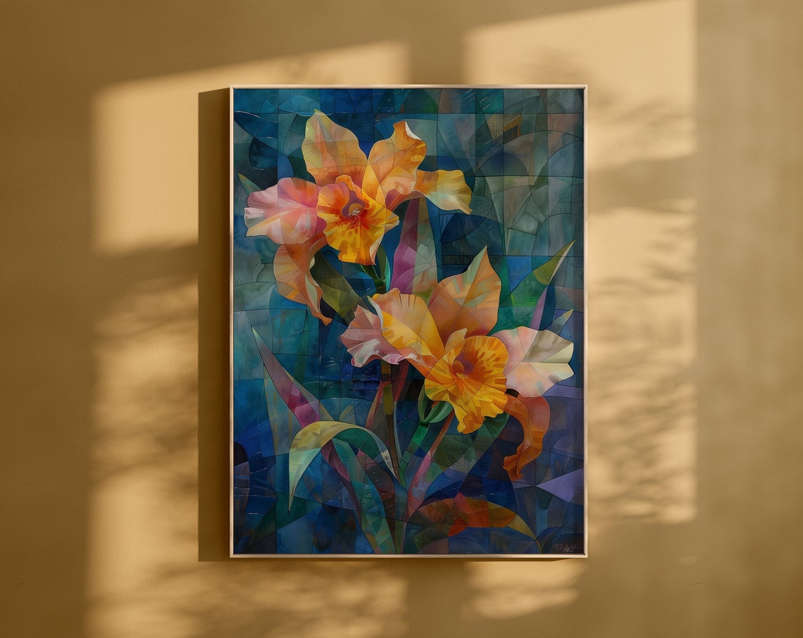 Golden Orchids in Stained Glass Mosaic Botanical Style Art Poster