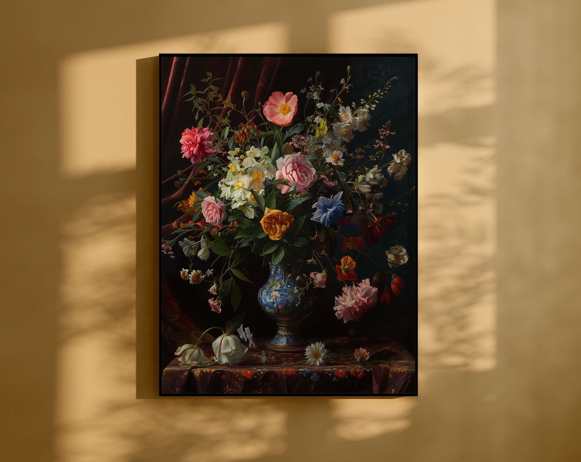 Dutch Old Master Flower Bouquet in Blue Vase Still Life Poster