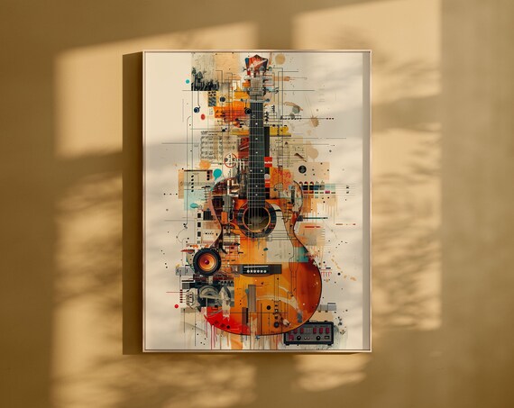 Acoustic Guitar Technical Drawing Collage Vintage Sheet Music Art Poster