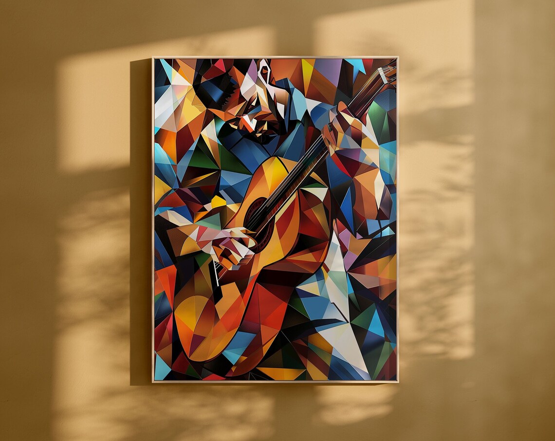Geometric Guitarist Playing Acoustic Guitar Mosaic Art Poster