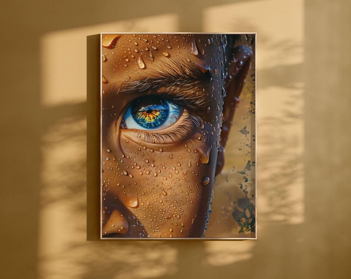 Striking Blue Eye Close Up with Water Droplets Macro Art Poster
