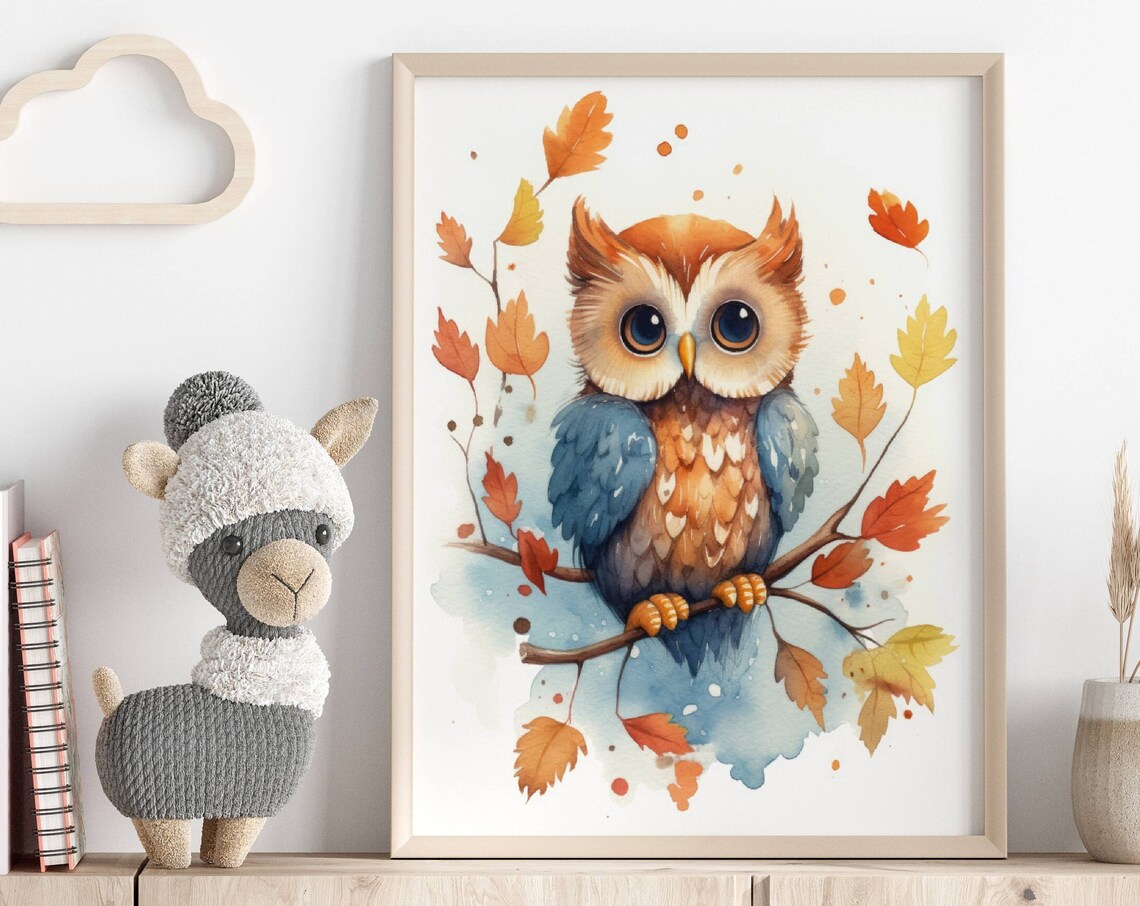 Watercolor Baby Owl Autumn Leaves Branch Cute Nursery Animal Art Print