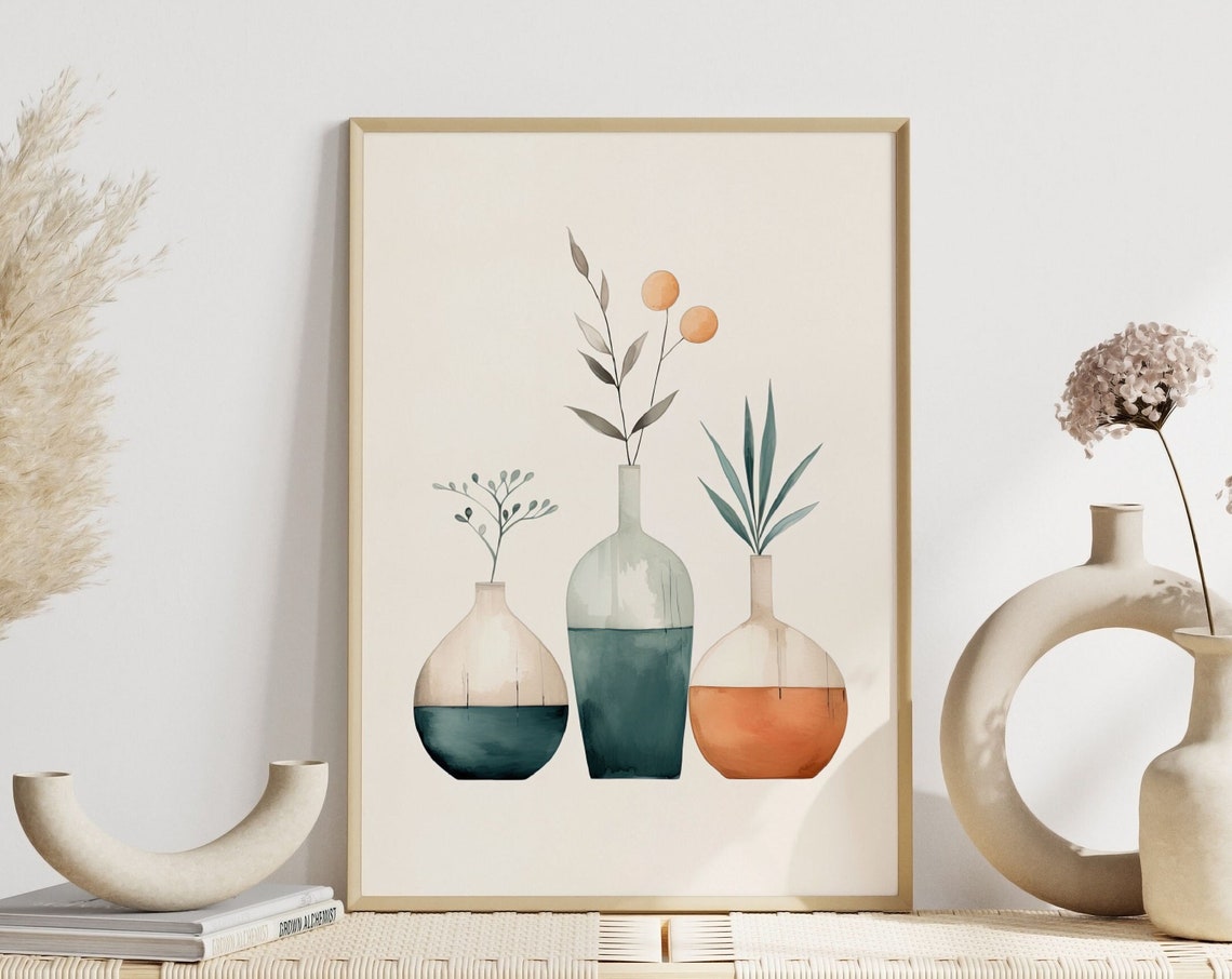 Minimalist Trio Of Ceramic Vases Botanical Stems Scandi Art Print