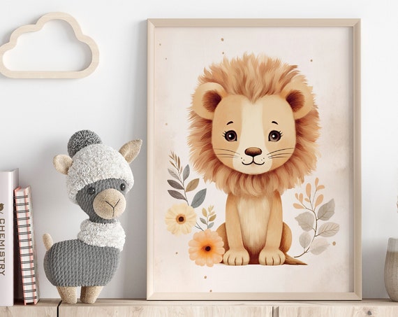 Boho Nursery Decor Lion Illustration Wall Art Beige Animal Poster Nature Child Baby Scandinavian Safari Prints