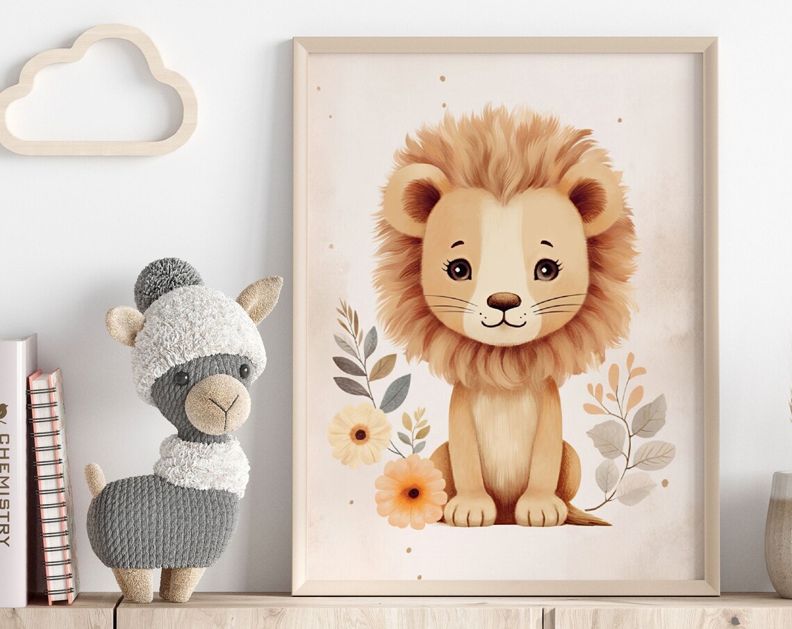 Sweet Cute Baby Lion Illustration Beige Nursery Safari Art Print
