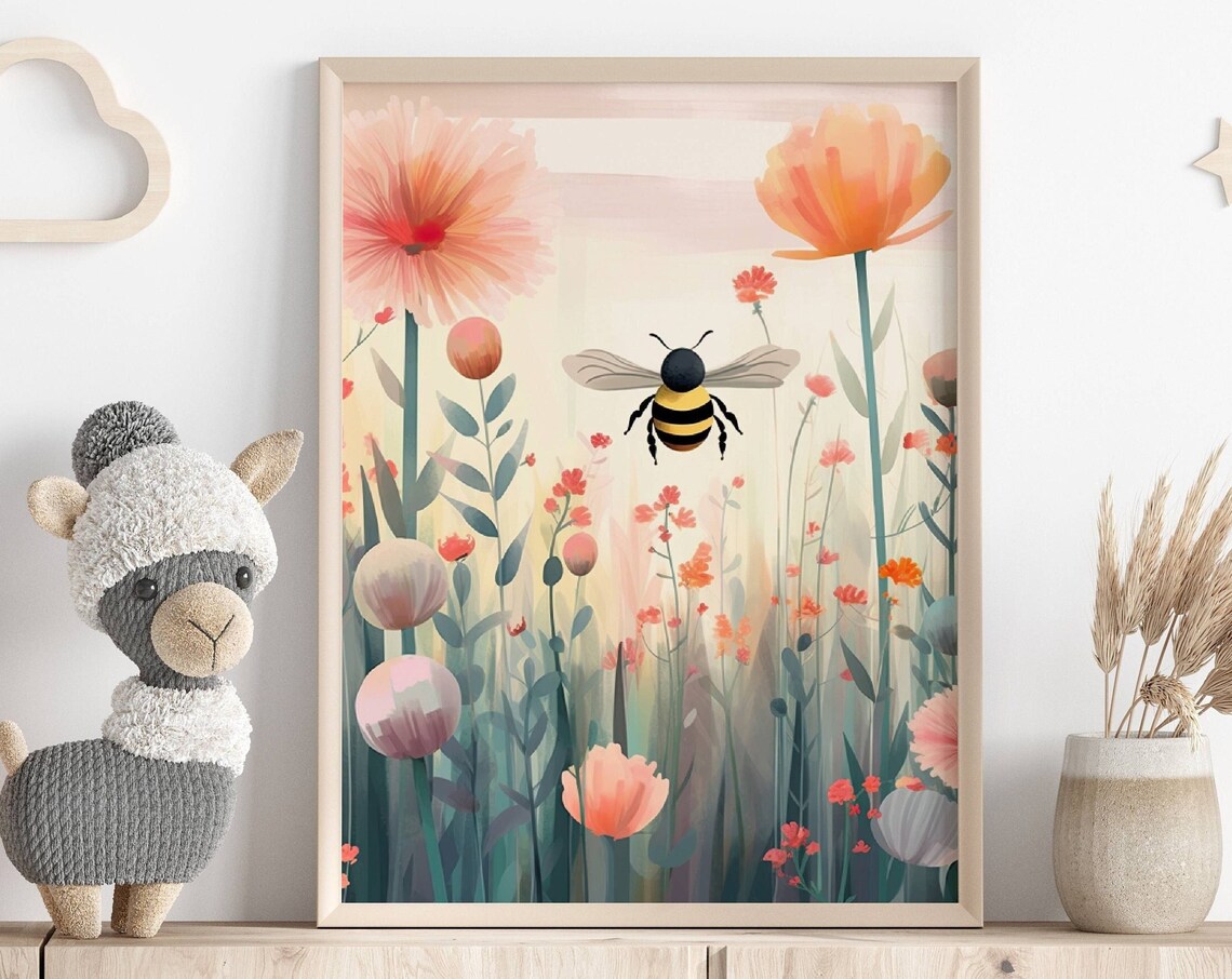 Flower Meadow With Bees Watercolor Art Print