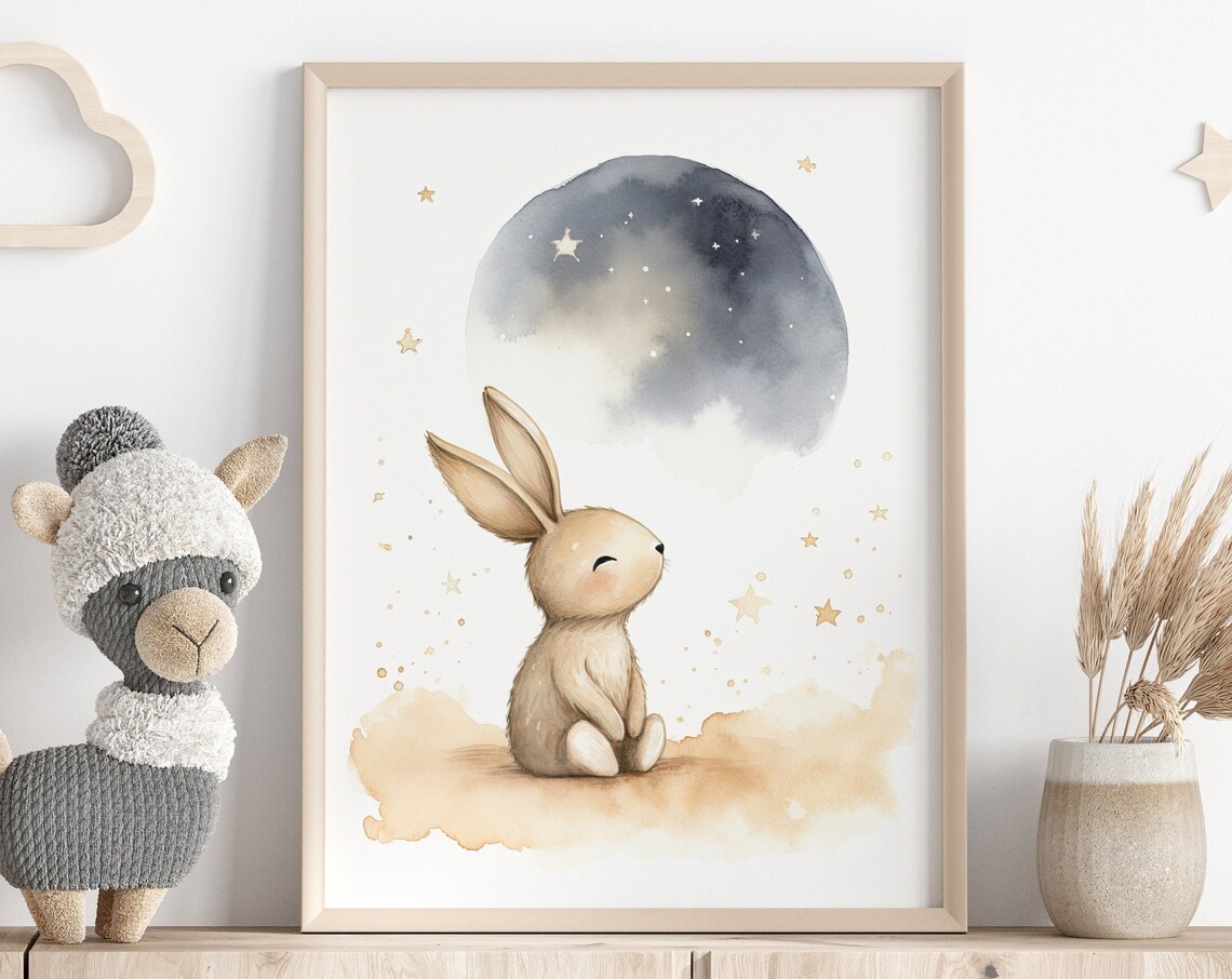 Watercolor Bunny Gazing At Moon Nursery Poster Beige Stars Baby Art