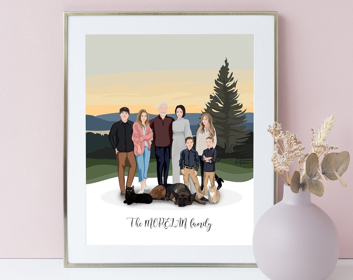 Morelan Family Mountain Sunset Portrait With Dogs and Cat Poster