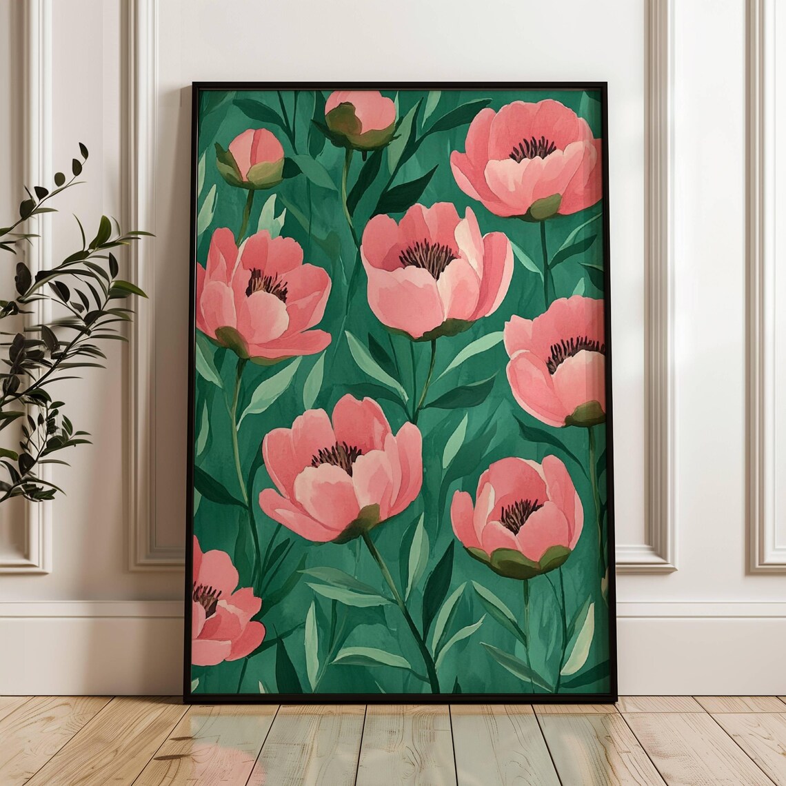 Pink Peony Flowers On Emerald Green Modern Floral Botanical Poster - Image 4