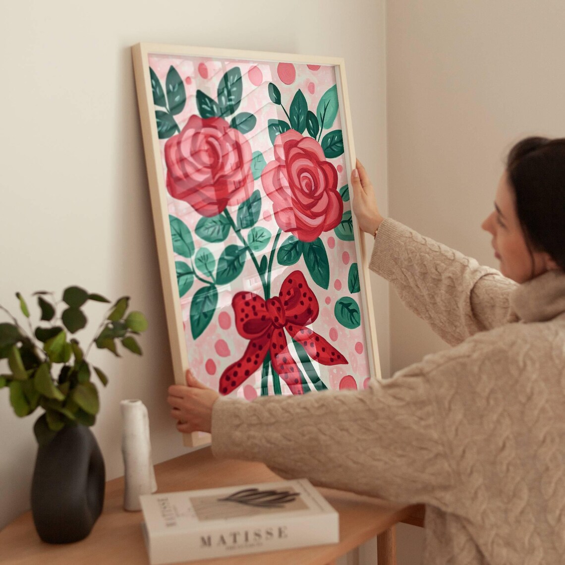 Red Roses Tied with Polka Dot Bow Coquette Girly Floral Art Poster - Image 2