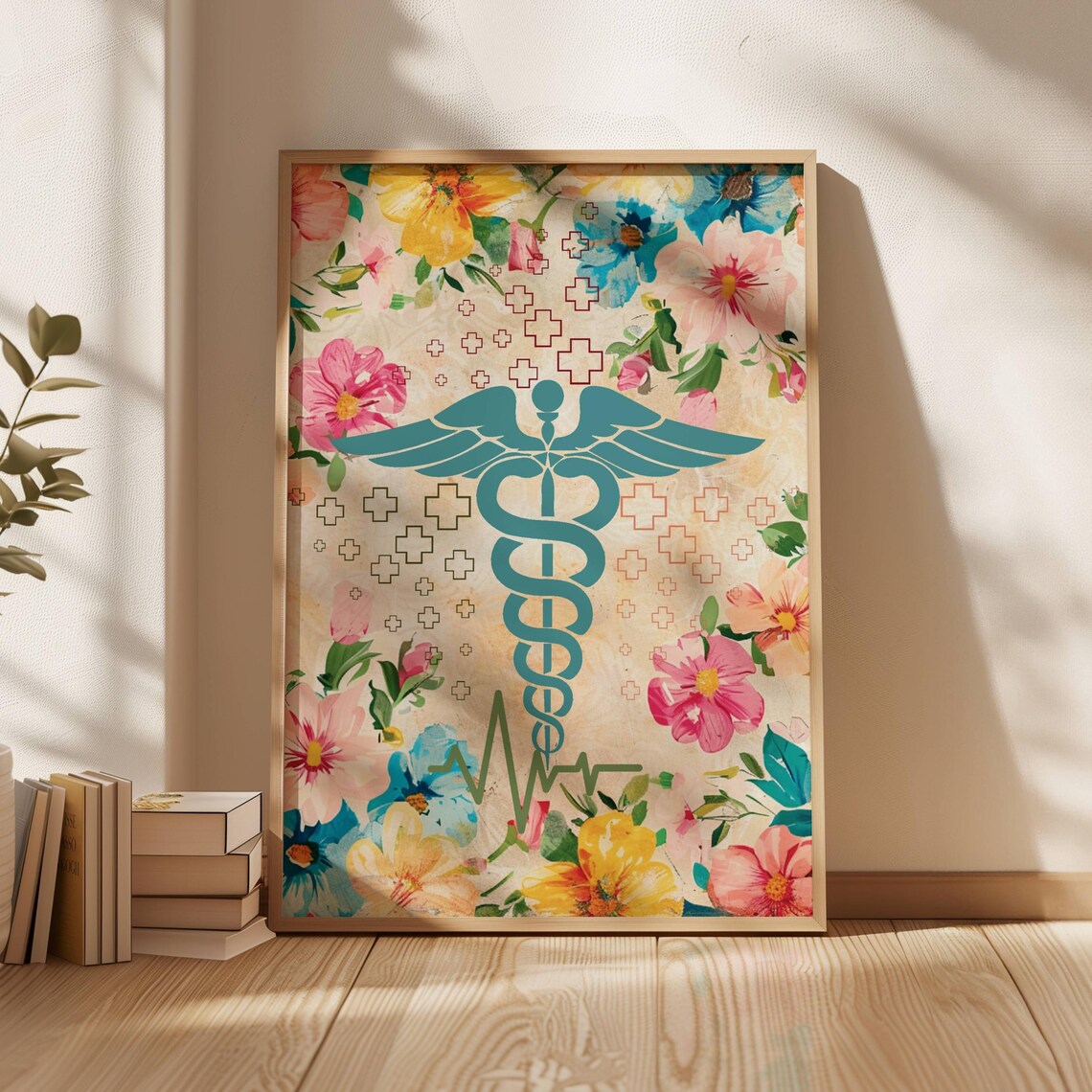 Teal Caduceus Floral Watercolor Medical Student Gift Art Poster